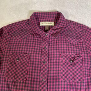 Bit & Bridle Shirt Womens XL Pink Black Plaid Snap Western Flannel Top Casual